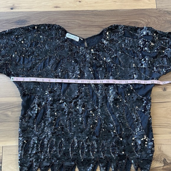Vtg Henbo Witchy Going Out Asymmetric Women's Black Sequin Beaded Blouse Sz L - Picture 6 of 9